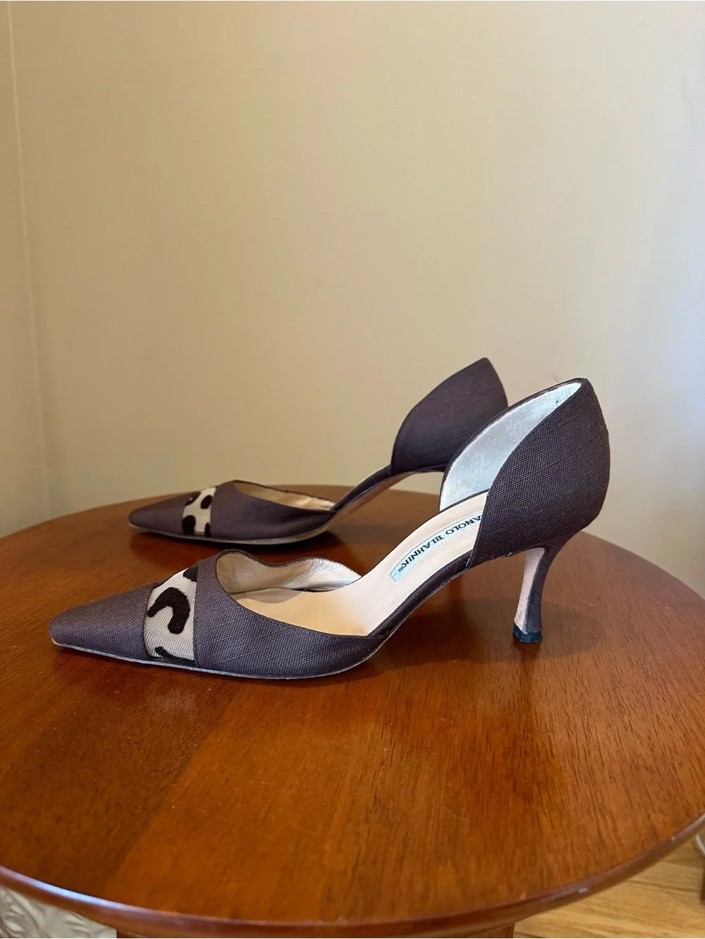 Manolo Blahnik Brown Pointed D'Orsay Pumps with Black-and-Cream Animal Panel